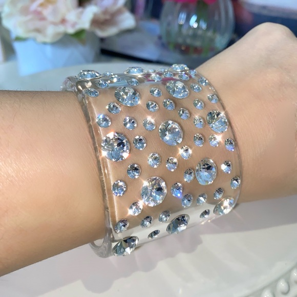 Clear Acrylic Swarovski Crystal Embellished Wide Chunky Cuff Bracelet for Women - Picture 3 of 17